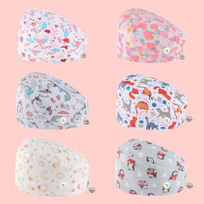 1pc Adjustable Surgical Cap, Work Cap, Nurse Cap, Nursing Accessory, Unisex Surgical Cap With Rear Adjustable Buckle, Ear Protector, Built-In Sweatband, Dust-Proof And Breathable, Suitable For Doctors, Nurses, Beauticians, Chefs, Waiters, Veterinarians, Housekeepers, Fashion Polyester Printed Nurse Cap For Office, Home, All Seasons