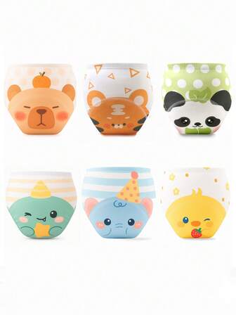 6pcs Cute Cartoon Potty Training Pants For Boys And Girls - Breathable, Washable Anti-Leakage, Reusable Diapers
