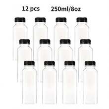 12pcs, 8oz Plastic Juice Bottles With Lids, 4oz, 5oz, 12oz, 16oz Reusable Beverage Bottles, Mini Fridge Bottles, Plastic Mini Juice Containers For Juicing, Smoothie Making, Tea And Homemade Drinks