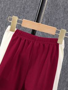 Conjunto de 2 peças de moletom com capuz e zíper para meninas + calças de cor contrastante, roupa casual - Vermelho - Ver 6