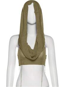 Women Knitted Hoodie Sweater Vest Sleeveless Hollow Out Hooded Crop Top Streetwear Rave Oufit - 橄欖綠 - 查看 4