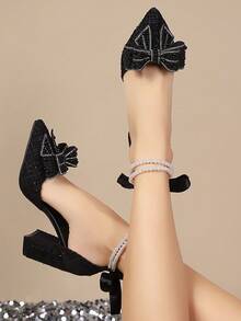 Giày cao gót đế dày mũi nhọn đính ngọc trai trắng thanh lịch - Kiểu dáng sang trọng và thời trang cho những dịp đặc biệt, giày cao gót nữ thanh lịch, trang phục dự tiệc. - màu đen - Xem 2