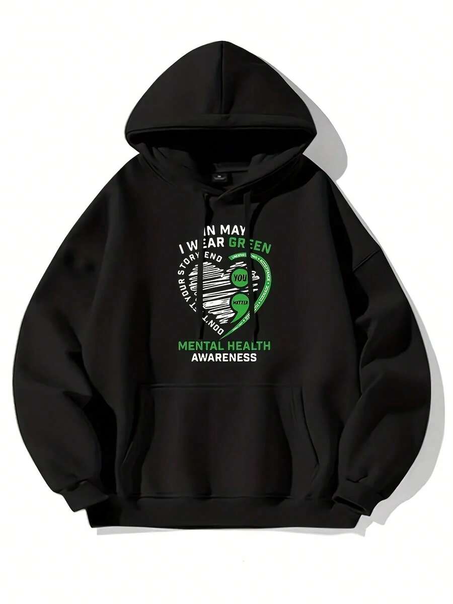 Mental Health-Themed Text: Women's Hooded Sweatshirt - Long-Sleeved Knitted Fabric, Fashionable Print, Full Size, For Daily Casual Wear - Đen 4 - Xem 1