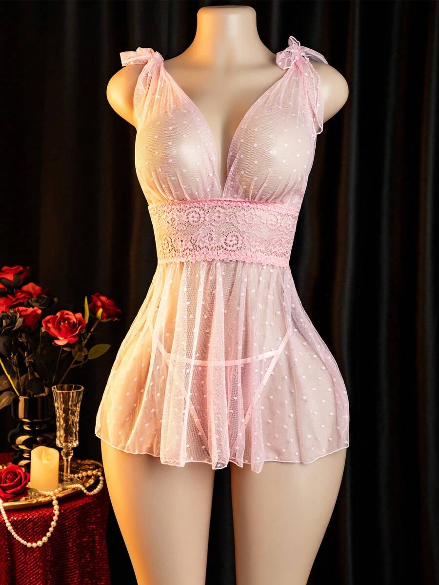 性感粉色透视内衣两件套，含波尔卡圆点网眼娃娃装和丁字裤 - 粉色 - 查看 1