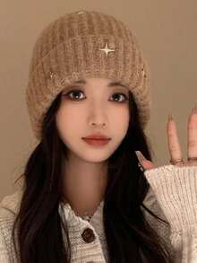 1 szt. Ciężka zdobiona futrem królika i czapką z kryształkami, ciepła, gruba, modna, uniwersalna, słodka, dzianinowa czapka na jesień/zimę