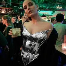 Women's Summer New Solid Color Casual PU Leather Shiny Zipper Slim Sleeveless Tube Top - 金色 - 查看 5
