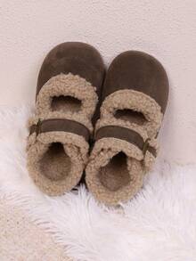 幼儿保暖毛绒魔术贴圆头平底套脚毛绒鞋，适合秋冬季穿着 - 棕色 - 查看 7