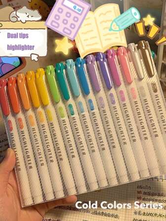 15pcs Double Ended Highlighters, Dual Tip Mild Color Highlighter Fluorescent Marker Pen For Coloring, Underlining, Highlighting,Broad And Fine Tips Back To School
