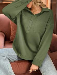 Fisoew Women Oversized Sweatshirt Long Sleeve Henley V Neck Pullover Top Fall Winter Cozy Loungewear Casual Streetwear Soft Y2K Vintage Blouse - xanh quân đội - Xem 4