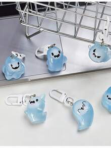 6pcs ABS Material Cute Halloween Jelly Ghost Keychains - 3D Cartoon Luminous Elf Pendant - Couples & Friends Backpack Accessories - Halloween Small Gifts