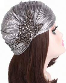 Women's Leaves Beaded Flower Ruffle Turban Hat Glitter Twist Pleated Hair Wrap Stretch Turban Vintage Headwear