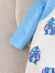 婴儿卡通兔子印花长袖连体衣，休闲连体衣 - 藍色 - 查看 5