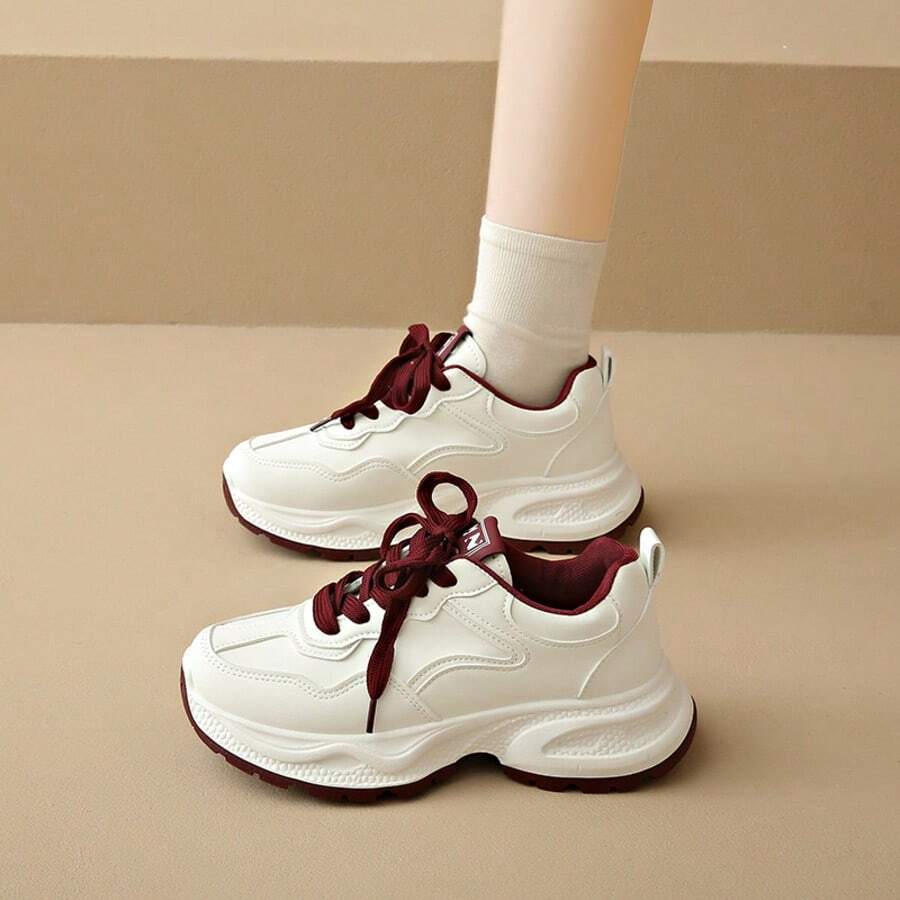 Women's New Thick Sole Sneakers, Lightweight Casual Shoes, Small White Shoes, Tennis Shoes, Versatile Running Shoes, Cute & Fashionable Lightweight Chunky Sneakers - Red - View 1