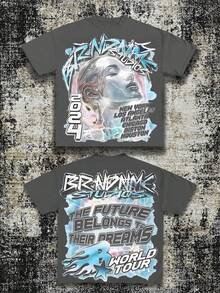 (220 Cotton T-Shirt)Men's Y2K Tee -Retro American Street Style!  BRNDNMK Streetwear T-Shirt, Featuring Dreamy Portrait And City Logo, With A Declaration Of Future Dreams On The Back. Short Sleeves Graphic T Shirt, Loose Retro Fit,Suitable For Young Men And Women To Wear For Casual. - 灰色 - 查看 1