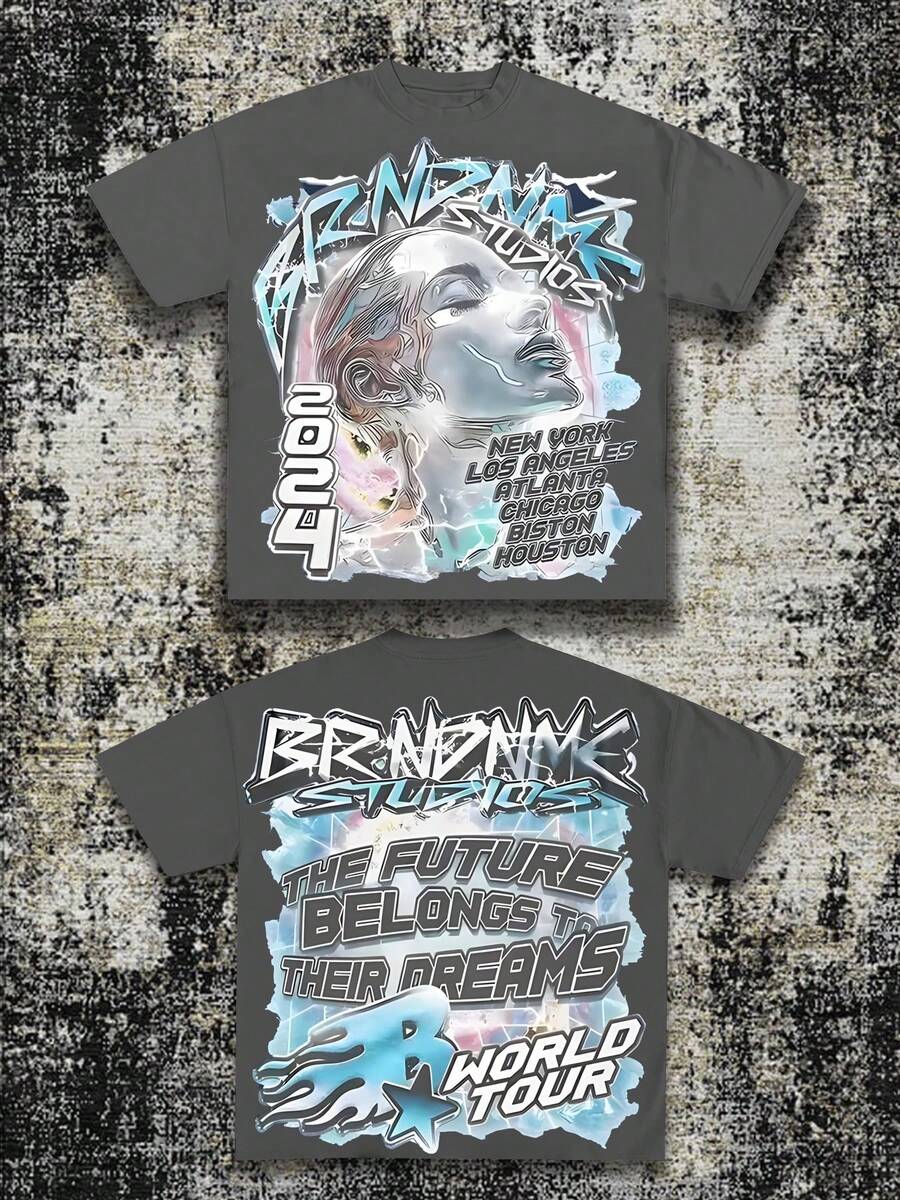 (220 Cotton T-Shirt)Men's Y2K Tee -Retro American Street Style!  BRNDNMK Streetwear T-Shirt, Featuring Dreamy Portrait And City Logo, With A Declaration Of Future Dreams On The Back. Short Sleeves Graphic T Shirt, Loose Retro Fit,Suitable For Young Men And Women To Wear For Casual. - 灰色 - 查看 1