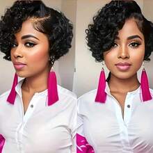 Chic Short Pixie Cut Curly Wave Wig For Women 13x4x1 T-Part Lace Front, Remy Human Hair, Natural Black, Versatile Hairstyle | Voluminous Short Wig | Stylish Wig Design For Daily Wear & Cosplay & Parties & Music Festival & Christmas Party Wig - Natural Black - 查看 6