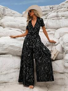 Elegante Monos y Palazzos De Mujer Con Estampado De Grafiti,Mono De Manga Corta Con Botones y Cinturón - Negro - Ver 2