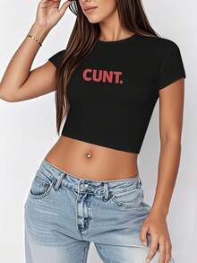 1pc Word Bold Pinkish Red  Typography Women's Fashion Short Sleeve T-Shirt, Y2K Clothes, Back To School Clothes, Vintage Clothes, Street Wear, Rock, Holiday, Vacation, Festival, Summer Tops - 黑色 - 查看 4