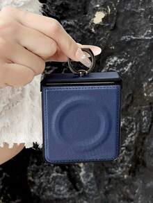 Leather Phone Case Compatible With Samsung Galaxy Z Flip 7 6 5 4 3 Magnetic Ring Holder Stand Shockproof Solid Color Back Cover - Blue - View 5