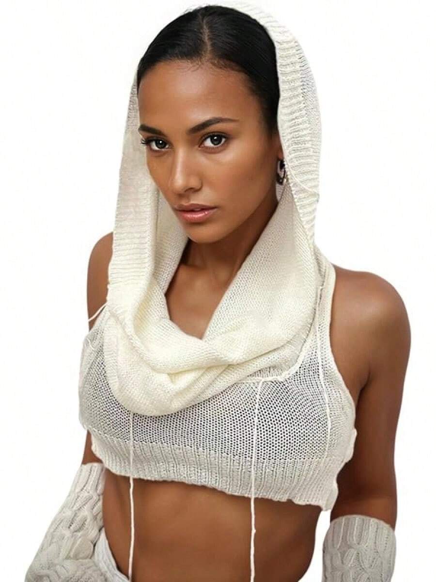 Women Knitted Hoodie Sweater Vest Sleeveless Hollow Out Hooded Crop Top Streetwear Rave Oufit - 白色 - 查看 1