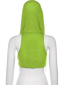Women Knitted Hoodie Sweater Vest Sleeveless Hollow Out Hooded Crop Top Streetwear Rave Oufit - 霓虹綠 - 查看 4