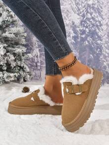 1 Đôi giày lười đế xuồng quai vải trơn màu thông thường, thích hợp để mặc ở nhà vào mùa thu/đông, giày lông, giày mule - màu nâu - Xem 6