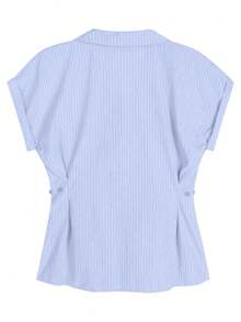 2025 春夏条纹印花时尚百搭女式纽扣短袖衬衫 - 藍色 - 查看 6