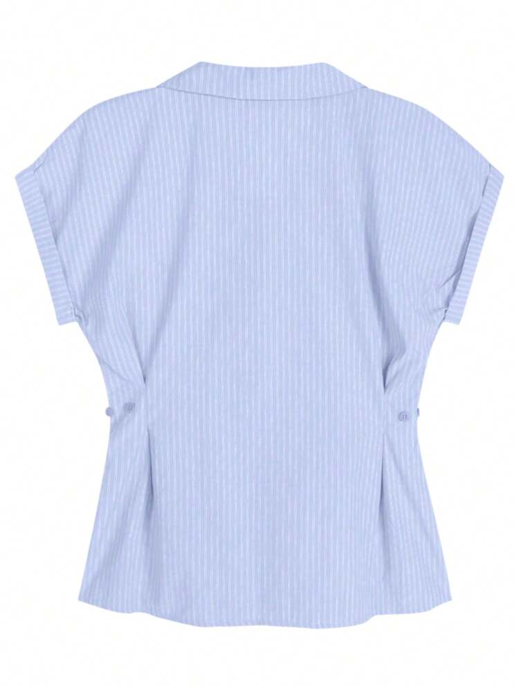 2025 Spring/Summer Striped Print Fashion Versatile Women's Button-Up Short Sleeve Shirt - Blue - View 6