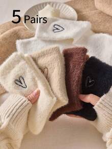 2 双秋冬毛绒袜，女童和青少年仿毛心形中筒袜，厚实保暖毛绒长袜，适合居家、地板、睡眠、产后穿着 - 彩色 - 查看 2