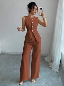 2 件套女士纯色单排扣金属纽扣圆领背心和裤子休闲宽松西装