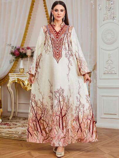 女士阿拉伯中东 V 领串珠印花连衣裙，复古优雅，适合斋月、开斋节、宰牲节、派对、家居、休闲、时尚长袍