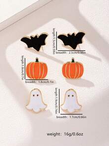 3 Pairs/Set Of Halloween Metal Orange Pumpkin, Bat, Ghost Lady Earrings, Sweet And Unique Holiday Jewelry - Pumpkin Ghost Bat - View 3