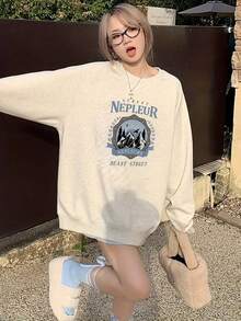女式学生花卉字母印花宽松休闲舒适圆领长袖运动衫，适合日常穿着、通勤、返校、秋冬季 - 灰色 - 查看 2