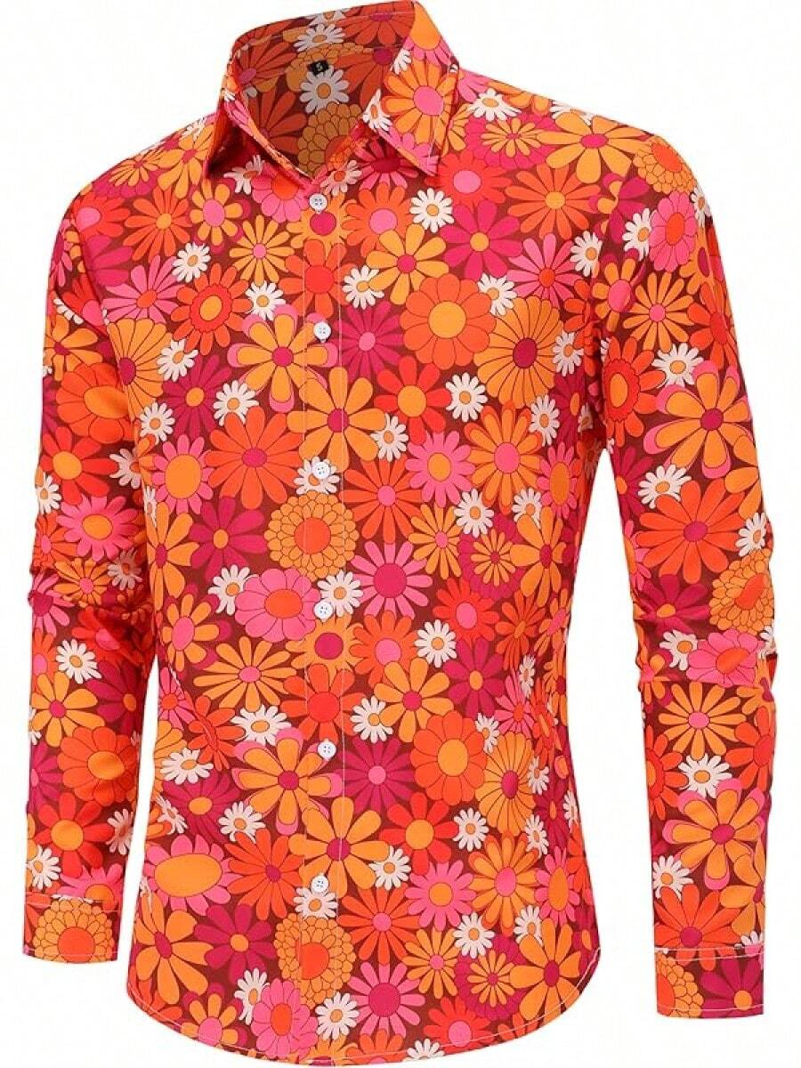 Mens 70s Shirt Long Sleeve Button Down Retro Disco Costume Hippie Outfit For Menhalloween - 嬉皮花卉 - 查看 1