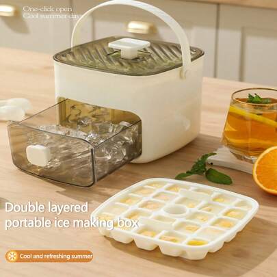 1pc/48-Cavity Large Capacity Ice Cube Tray, Silicone Ice Cube Mold (New Double-Layer With Spoon), One-Touch Easy Release, Quick Freeze, Refrigerator Home Ice Cube Tray, Essential For Summer Beverages