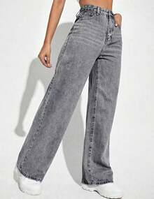 Women's Wide Leg Jeans, High Waist, Butt Lifting Pants--88 - cinza claro - 查看 2