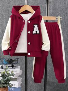 Conjunto de 2 peças de moletom com capuz e zíper para meninas + calças de cor contrastante, roupa casual - Vermelho - Ver 8