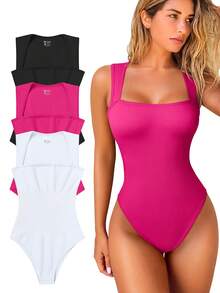 OQQ 3 Piece Bodysuits For Women Sexy Ribbed Strappy Square Neck Stretch Tank Tops Bodysuits - 黑,玫紅3,白 - 查看 1