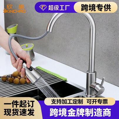 304 Stainless Steel Kitchen Faucet, Splash-Proof Sink Faucet, Pull-Out Hot & Cold Water Tap