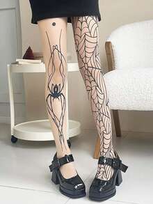 1 双裸色万圣节女式渔网紧身裤，薄蕾丝蜘蛛网哥特式 AB 连裤袜，蜘蛛条纹交叉紧身长袜，Y2K 性感黑色紧身袜 - 金色 - 查看 2
