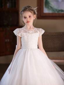 Girls' White Lace Bow Flower Girl Dress, Wedding Party Tulle Gown - White - View 6