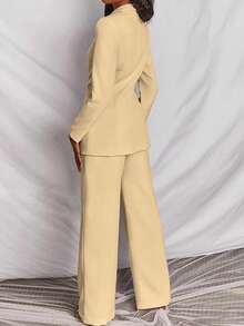 2pcs Women Solid Color Long Sleeve Blazer Jacket And Pants Suit Set - Khaki - View 5
