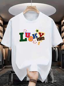 Round Neck Blue T-Shirt with LUCKY VIBES Colorful Lettering and Star Design for Casual Wear - Blanco - Ver 3