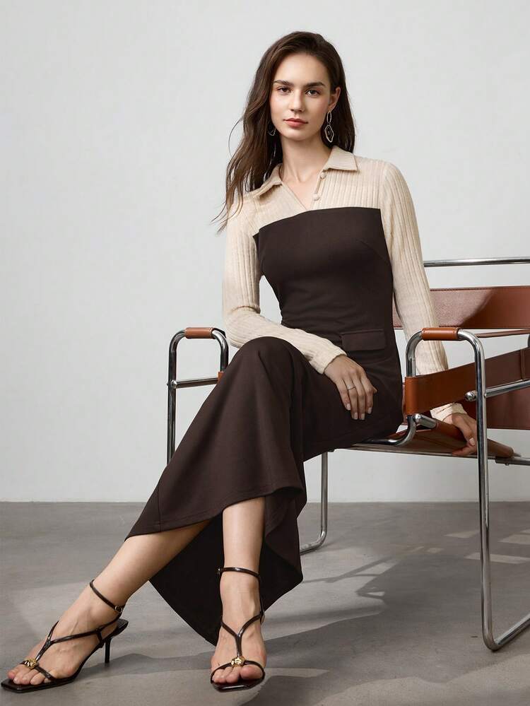 女士优雅翻领 V 领拼色长袖超长连衣裙，适合通勤，秋冬季 - 棕色 - 查看 4