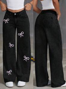青少年女孩宽松蝴蝶印花喇叭牛仔裤，舒适时尚休闲牛仔裤