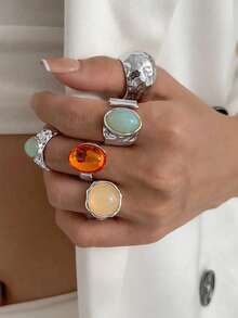 Bộ 4/3 nhẫn đính đá ngũ giác hình học bất đối xứng phong cách đường phố Hip Hop cổ điển, nhẫn xếp chồng cao cấp cá nhân hóa phù hợp cho nam giới, ngày lễ, tiệc tùng, hẹn hò, quà tặng, trang phục hàng ngày, trang sức đa năng - Bạc - Xem 3