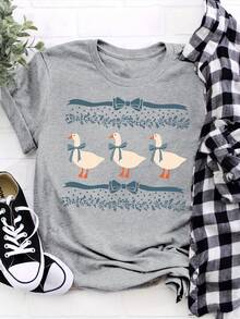 夏季女装丝带蝴蝶结花卉和鹅印花圆领短袖休闲简约百搭T恤，复古趣味花卉丝带鹅，舒适彩色上衣，适合日常穿着，舒适透气