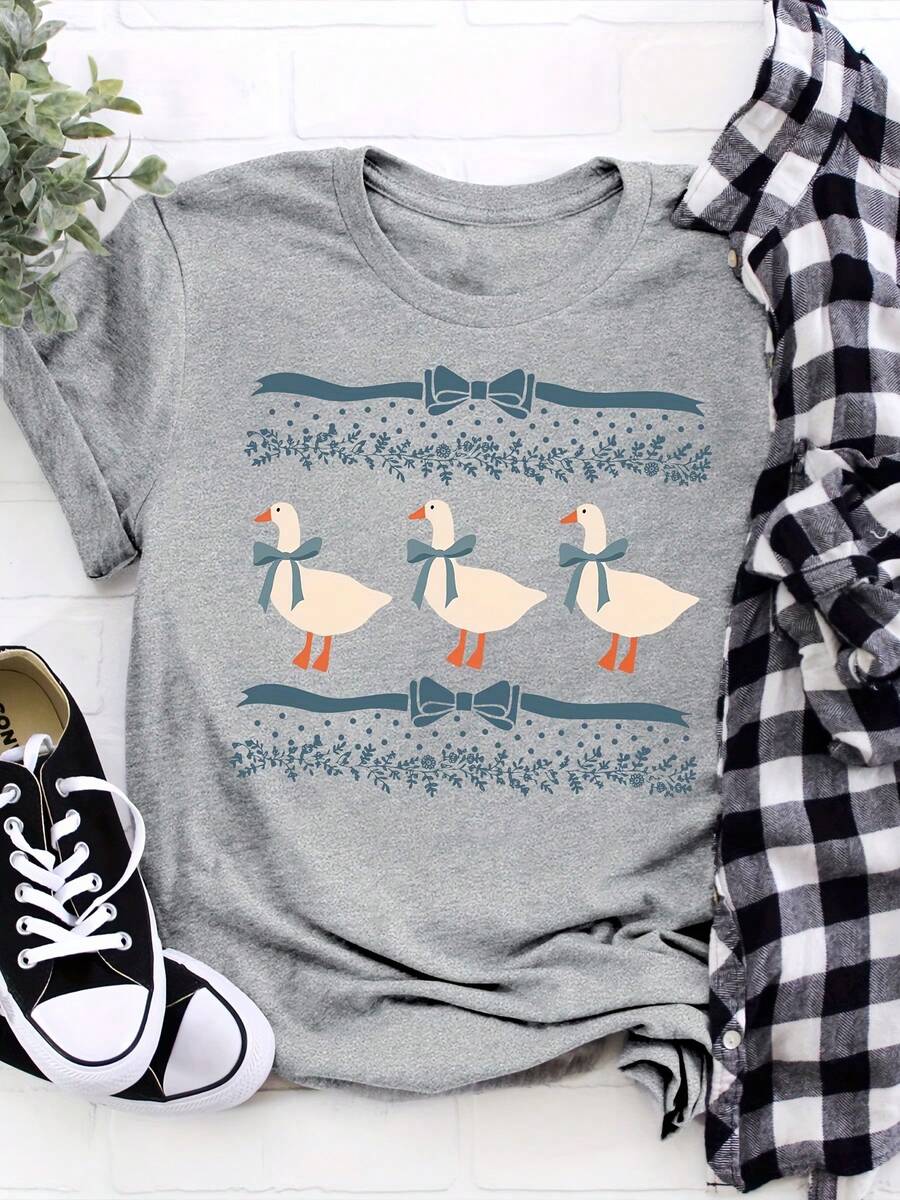 夏季女装丝带蝴蝶结花卉和鹅印花圆领短袖休闲简约百搭T恤，复古趣味花卉丝带鹅，舒适彩色上衣，适合日常穿着，舒适透气