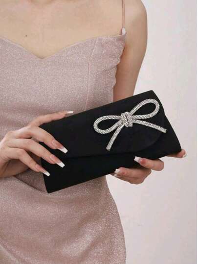 Black Mini Velvet Hand Bag Sparkly Rhineston Bow Decor Women Evening Bag With Chain For Party & Wedding