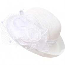 Sombrero de iglesia con flor para mujer con fascinador, sombreros para boda, fiesta del té, sombrero bombín, sombrero de cubo - Blanco - Ver 1